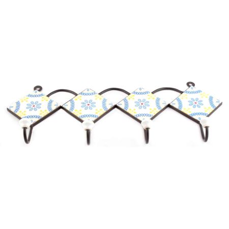 White And Turquoise Ceramic Floral Tiles Hooks Online